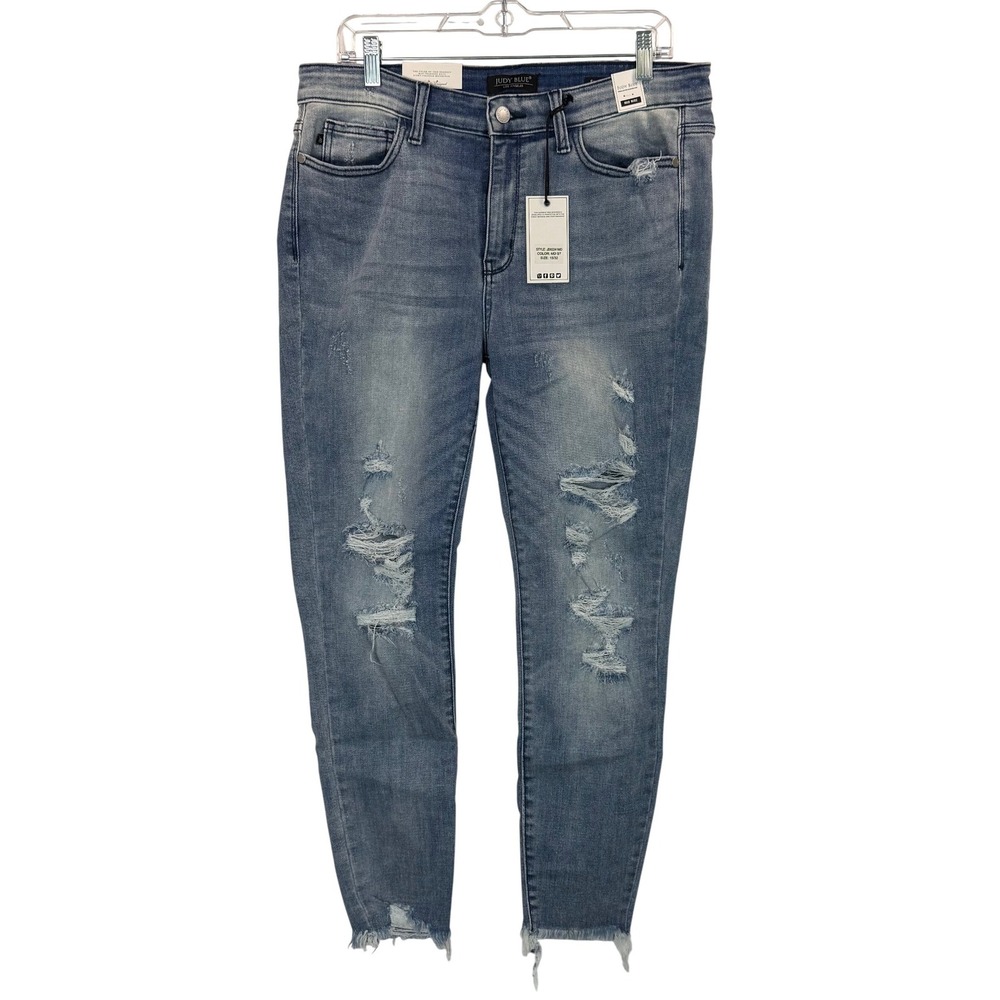 Judy Blue FAB 5 Medium Wash Mid-Rise Destroyed Skinny Jeans Raw Hem NWT Sz 15/32